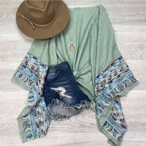 Sage green geometric embroidered sleeve top
